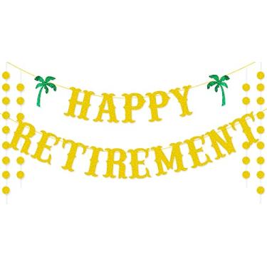 Imagem de Decorações de festa de aposentadoria de praia, faixa dourada com glitter feliz aposentadoria guirlanda de pontos círculo para decoração de festa de aposentadoria temática, ideias de presentes aposentados para homens e mulheres