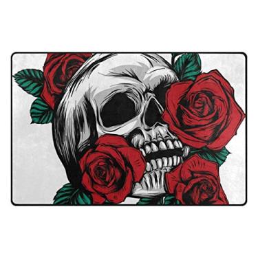 Imagem de ColourLife Tapetes leves e macios crânios com rosas no chão branco, capacho para quartos, entrada, piso de madeira, sala de estar 78,7 x 50,8 cm (2,7 x 1,8 cm) Tapetes de berçário