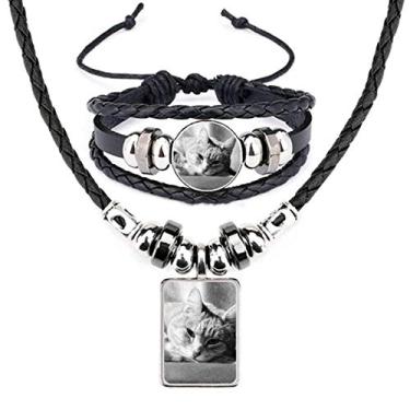 Imagem de Animal Puro Cinza Gato Foto Foto Couro Colar Pulseira Conjunto de Joias