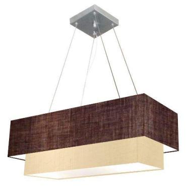 Imagem de Lustre Pendente Duplo Retangular Cúpula Tecido 70x30/ 60x25, Vivare Iluminação, Pendente4138 LCLA, Café/Bege, Grande