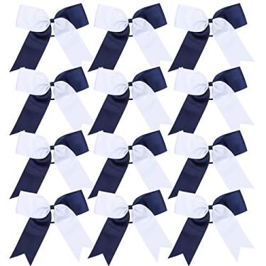 Imagem de Arco de líder de torcida Jumbo Cheer Bows 12 peças 7 polegadas 2 cores Ponytail Holder Hair Tie Hair Bow Cheerleader Gravata de cabelo, Navy Blue/White