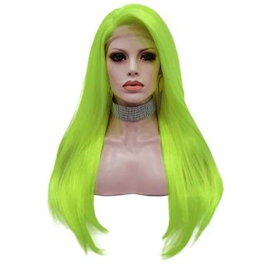 Imagem de Peruca de cabelo liso com tela frontal sintética verde peruca feminina resistente ao calor perucas de festa de fibra resistente ao calor