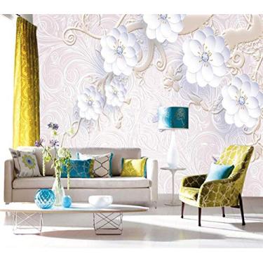 Imagem de Papel de parede personalizado 3D, romântico, quente, em relevo, flores brancas, mural, sala de estar, quarto, restaurante, fundo, parede, 300 cm (C) × 210 cm (A)