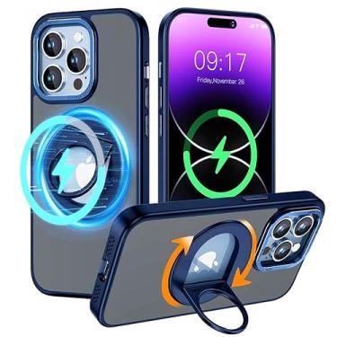 Imagem de KMXDD Capa magnética para iPhone 15 Pro Max Ring Case compatível com MagSafe carregamento sem fio suporte à prova de choque fosco translúcido capa (15ProMax, azul)