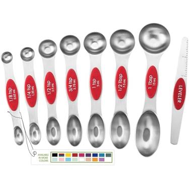 Imagem de Conjunto de colheres de medição magnéticas Spring Chef, dois lados, aço inoxidável, serve em frascos de temperos, vermelho, conjunto de 8