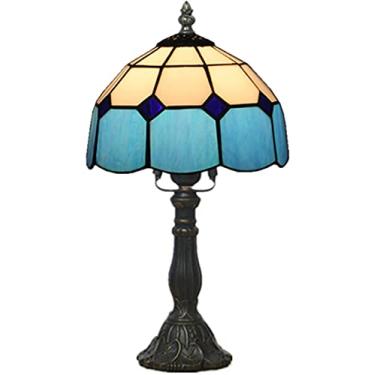 Imagem de ieckwmf ieckwmf Abajur de mesa mediterrâneo estilo Tiffany, abajur de vitral, abajur de mesa de resina antiga, lâmpada de leitura com base de resina antiga para quarto e sala de estar (cor: azul)