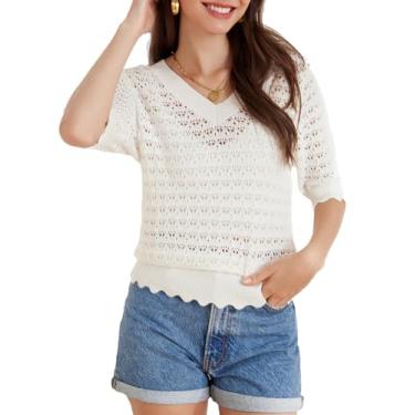 Imagem de GRACE KARIN Suéteres femininos de manga curta, gola V, pulôver de malha, blusas vazadas de crochê, Branco, M
