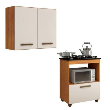 Imagem de Conjunto Armário Aéreo 2 Portas e Balcão para Cooktop 4 bocas 1 Porta Basculante Marrom/Off White