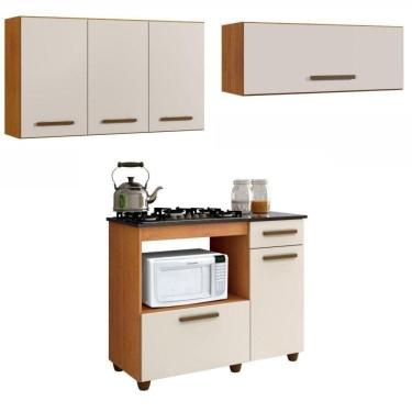 Imagem de Conjunto Balcão Coktop 4 bocas com nicho para forno e 2 Armários Aéreo Marrom/Off White
