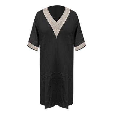 Imagem de Vestido feminino 2024 verão camiseta manga 3/4 algodão linho solto praia decote V renda patchwork vestido reto, Preto, 3G