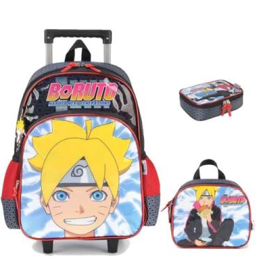Imagem de Mochila Infantil Rodinhas Boruto com Lancheira e Estojo 100 Pens Preta IC38122BR