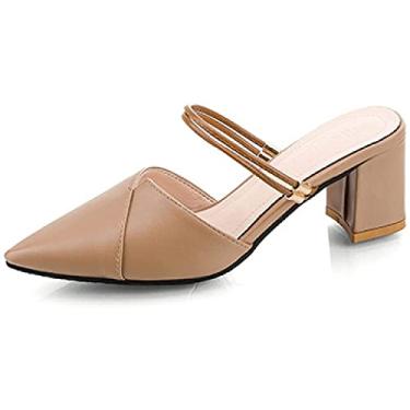 Imagem de Sandálias femininas de couro PU bico fino salto bloco mules clássico elegante Mary Janes Slide sapatos, Damasco, 41
