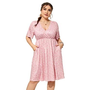Imagem de ShopWonder Vestido plus size feminino, gola V, evasê, comprimento até o joelho, vestido rodado, plus size, minivestido de festa, Flor rosa, 4G