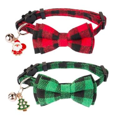 Imagem de ADOGGYGO Coleiras de Natal para gatos com lindo sino de laço - pacote com 2 coleiras de gatinho xadrez vermelho verde com gravata borboleta removível para gatos e gatinhos