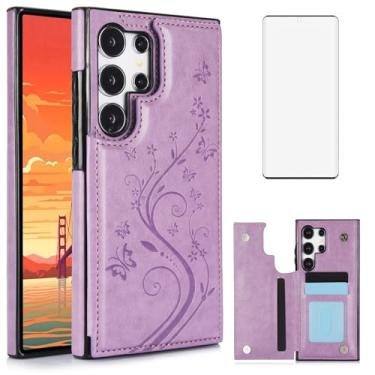 Imagem de Capa de telefone para Samsung Galaxy S24 Ultra 5G com protetor de tela de vidro temperado suporte para cartão capa carteira flip couro celular acessórios S24Ultra 24S S 24 24Ultra 2024, 6,8 polegadas