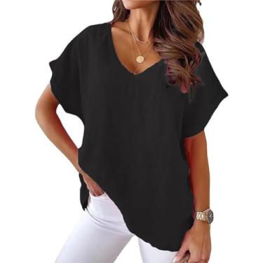Imagem de ONLYSTORY Camisetas femininas de linho de algodão casual verão manga curta extragrande gola V blusas soltas, C - preto, GG