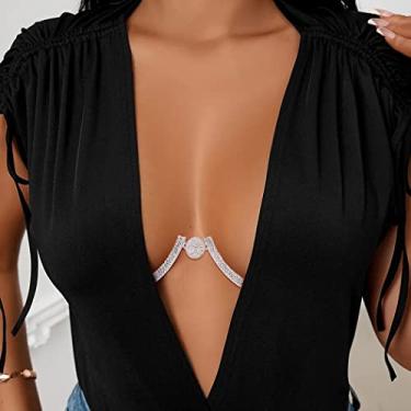 Imagem de Wriidy Corrente de peito com strass e sutiã de cristal, corrente moderna para o corpo do biquíni, joias de festa para mulheres e meninas (moeda de prata)