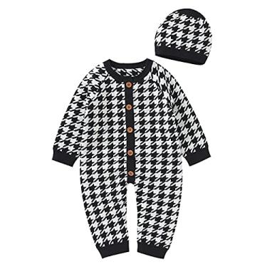 Imagem de Macaquinho de malha xadrez para bebês de inverno, macacão com botão, macacão com chapéu, 2 peças para meninos e meninas 0-18, Preto, 3-6 meses