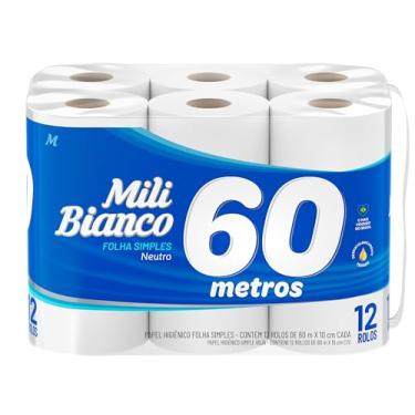 Imagem de Papel Higiênico Mili Bianco Folha Simples - 12 Rolos de 60 Metros - Máximo Rendimento, Neutro - Ideal para Economia e Uso Diário