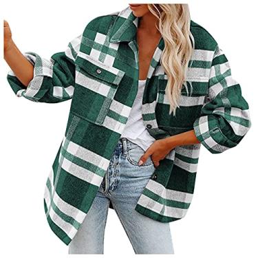 Imagem de JMMSlmax Casaco feminino xadrez de flanela moda inverno casaco trench coat lapela abotoado jaqueta casual casaco shacket, A4 - verde, G
