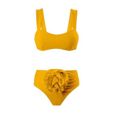 Imagem de Biquíni de duas colas para mulheres Roux cortou o traje de banho Traje de banho de cintura alta com traje inferior (amarelo,P)