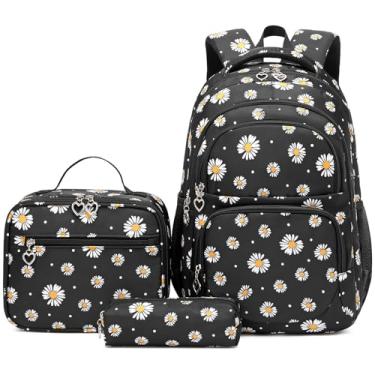 Imagem de Joyfulife 3 unidades de mochila com estampa de margaridas para meninas, Preto, Large, Mochila Daisy para meninas com lancheira