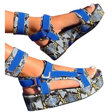 Imagem de Aniywn Sandálias plataforma femininas, bico aberto gladiador tira tornozelo sexy pele de cobra sandálias plataforma sapatos rasos confortáveis, Azul, 42
