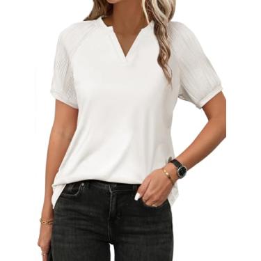 Imagem de EVALESS Camisetas femininas de verão, elegantes, casuais, gola V, texturizadas, manga curta, camisetas soltas básicas, B Branco, M