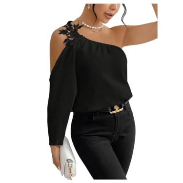 Imagem de OYOANGLE Camisetas femininas Guipure Lace Cut Out One Shoulder Lantern manga longa, Preto, P