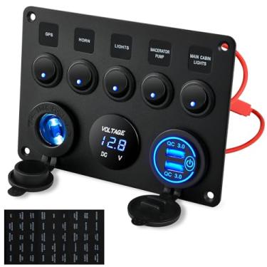 Imagem de Kohree Painel de interruptor marítimo 12V 5 Gang – Painel de interruptor basculante à prova d'água com duas portas USB QC 3.0, voltímetro digital de LED e soquete de isqueiro de 12 V para alternância