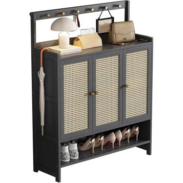 Imagem de Armário de sapatos autônomo com ganchos, armário de armazenamento de sapatos de bambu para corredor, organizador de armário para salas de estar, quarto, profundidade 32 cm, cinza, 98 × 32 ×