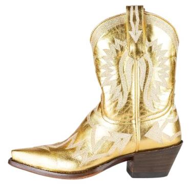 Imagem de HOCHFART Botas femininas bordadas metálicas de cowgirl bico fino, botas ocidentais, salto grosso, botas de caubói curtas, botas de cano curto de panturrilha larga, Dourado, 37