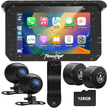 Imagem de FancyTiger Tela portátil sem fio para motocicleta Apple Carplay e Android, câmera veicular para motocicleta, TPMS de motocicleta, tela sensível ao toque impermeável para Moto Carplay de 5 polegadas