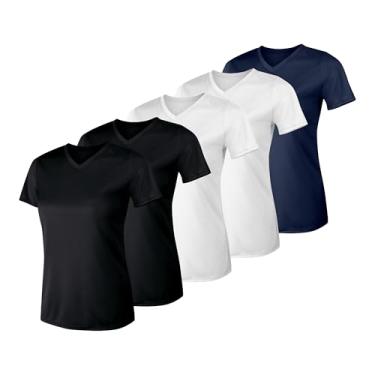 Imagem de Hanes Camiseta feminina esportiva Cool Dri gola V, camiseta de desempenho com absorção de umidade, proteção FPS 40+, pacote com 5, Preto/Preto/Branco/Branco/Azul-marinho, XGG