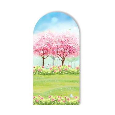 Imagem de Painel Sublimado Vertical Jardim Aquarela Flores Céu Azul Árvores Rosa