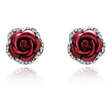Imagem de Brinco Rosas Flor Feminino Strass Pedra Festa Casamento Luxo - anjo da