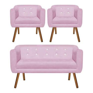 Imagem de Kit Namoradeira 2 Lugares e 02 Poltronas Julia Suede Rosa Bebê com Str