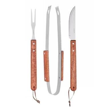 Imagem de Kit Churrasco Faca Garfo Pegador Aço Inox Cabo Madeira 3 Pçs - Haüskra