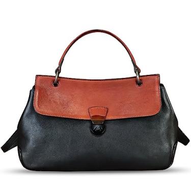 Imagem de Bolsa feminina de couro genuíno vintage com alça superior, bolsa tiracolo retrô feita à mão, Aba preta + vermelha