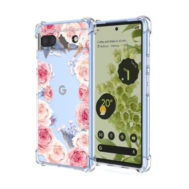 Imagem de RRXSYXL Capa para celular Google Pixel 6A com estampa floral transparente, proteção à prova de choque, capa de TPU macio para Google 6A, floral rosa