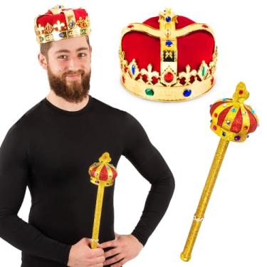 Imagem de Funny Party Hats Coroa do Rei e Cetro - Chapéus de fantasia - Coroa do Rei Real - Conjunto de fantasia, Vermelho e dourado, tamanho único