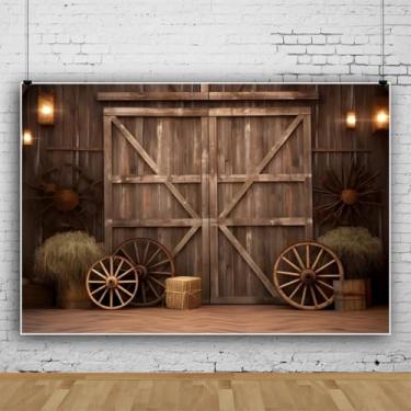 Imagem de Pano de fundo caubói ocidental 2,1 x 1,5 m fazenda marrom porta de celeiro de madeira rodeio oeste fotografia fundo tema ocidental decorações de festa de aniversário adereços de cabine de fotos