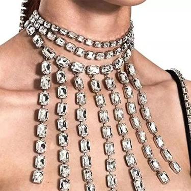 Imagem de YERTTER Corrente de borla de cristal com franjas de prata brilhante, colar exagerado, luxuoso, borla de strass, clavícula, gargantilha para festa de casamento, bar de música, mulheres (prata 5),
