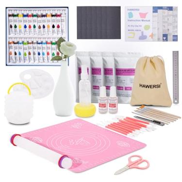 Imagem de Kit de argila seca ao ar livre para adultos, kit de cerâmica para iniciantes, kit de argila artesanal inclui argila seca ao ar livre de 2 kg, ferramentas, tintas, pincéis, verniz brilhante, papéis de