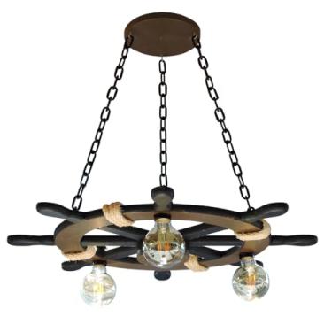 Imagem de Lustre Timão Bocal E-27 Pendente Rústico Víntage Veleiro Marina Casa De Praia Detalhe Sisal (Preto/Marrom, M)