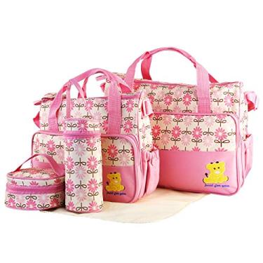 Imagem de iMounTEK Bolsa de fraldas, 5 peças de fraldas conversíveis para bebês com trocador e bolsos isolados para mãe, bolsa multifuncional para mamãe, grande armazenamento para fraldas/roupas de bebê (rosa)