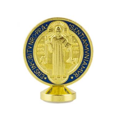 Imagem de Medalhão São Bento Dourado Azul ou Prateado Azul Metal Uso Carro 5.5cm