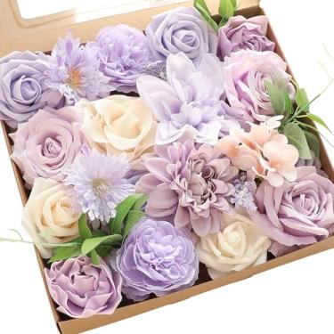 Imagem de Floroom Conjunto de caixa de flores artificiais lilás lilás lavanda rosa falsa, peônias, dálias, verduras, para buquês de casamento roxos, para chá de panela, decoração de mesa de festa, arranjos