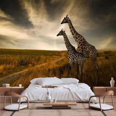 Imagem de Lcythiazole Papel de parede de girafa, adesivo de parede de girafa, duas girafas em pé na pastagem de outono, para sala de estar, quarto, quarto infantil, tamanho personalizável