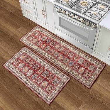 Imagem de Wyatt & Ash Red Minot Imagine Tapete de chenille estampado 6 x 15 cm / 2 x 10 cm tapete antiderrapante e lavável na máquina conjunto de 2 peças